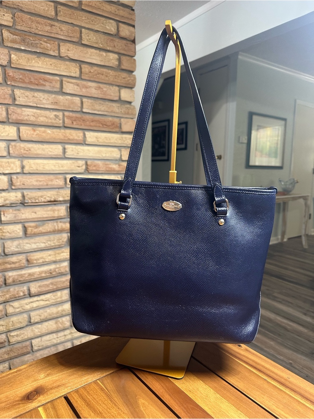 Coach Navy Leather Zip Top Double Handled Tote with Gold Hardware